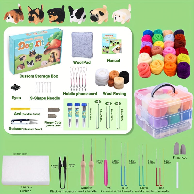 WUTUREE Wool Felting Kit With Felting Needles And Wool Roving Total 107Pcs For Doll And Fabric Making Wool Fibre Spinning Craft Felting Material For Beginners Non-finished Materials Package