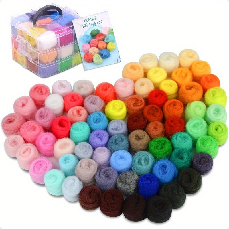 72pcs Needle Felting Wool 7.6oz Wool Roving Yarn Nature Fiber Wools with 3Layer Transparent Storage Box for Wet Felt DIY Creations 3g Color