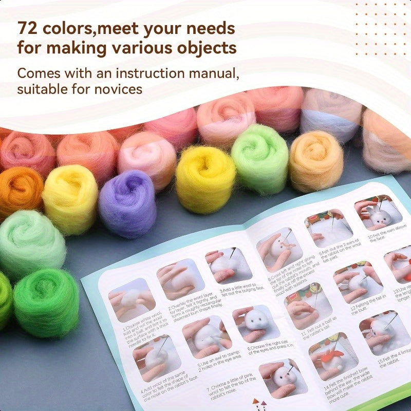 72pcs Needle Felting Wool 7.6oz Wool Roving Yarn Nature Fiber Wools with 3Layer Transparent Storage Box for Wet Felt DIY Creations 3g Color