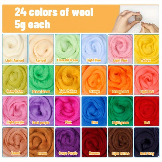 WUTUREE Wool Felting Kit With Felting Needles And Wool Roving Total 107Pcs For Doll And Fabric Making Wool Fibre Spinning Craft Felting Material For Beginners Non-finished Materials Package