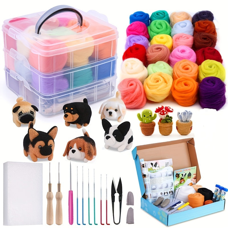 WUTUREE Wool Felting Kit With Felting Needles And Wool Roving Total 107Pcs For Doll And Fabric Making Wool Fibre Spinning Craft Felting Material For Beginners Non-finished Materials Package