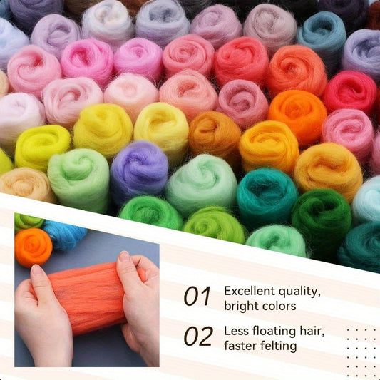 72pcs Needle Felting Wool 7.6oz Wool Roving Yarn Nature Fiber Wools with 3Layer Transparent Storage Box for Wet Felt DIY Creations 3g Color