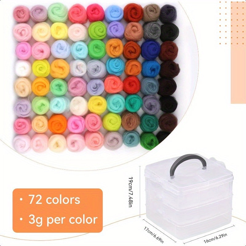 72pcs Needle Felting Wool 7.6oz Wool Roving Yarn Nature Fiber Wools with 3Layer Transparent Storage Box for Wet Felt DIY Creations 3g Color